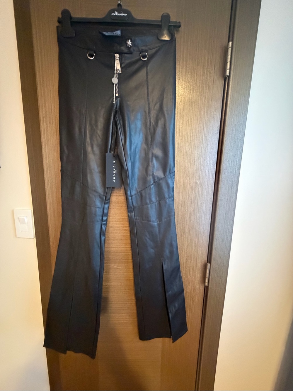John Richmond Faux Leather Black Flared Pants new Sz 42